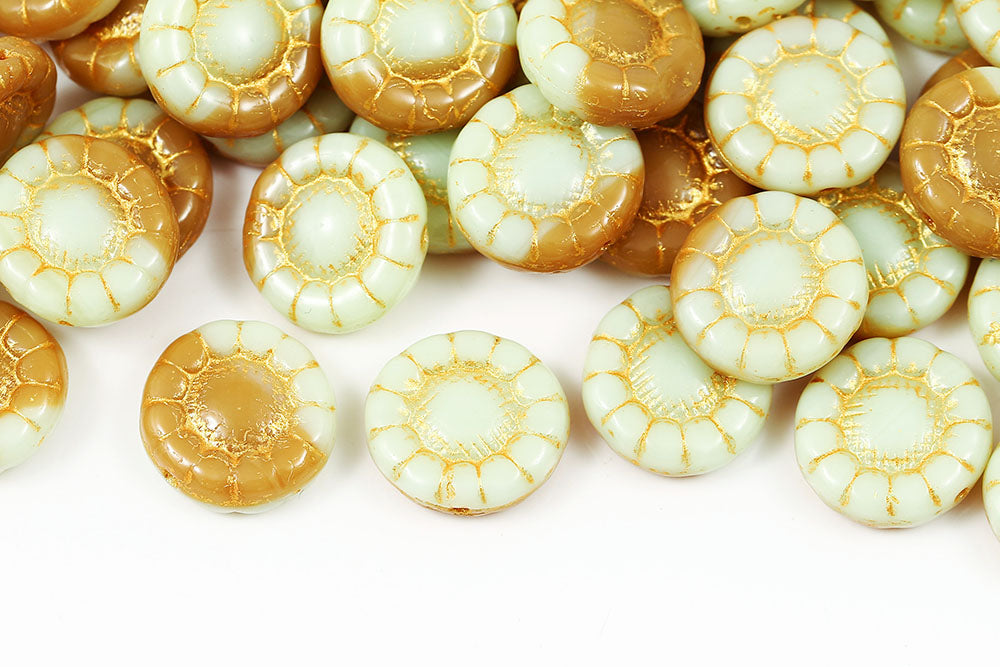 Sunflowers 13mm Ivory Green Mixed With Gold 1-Hole Czech Beads