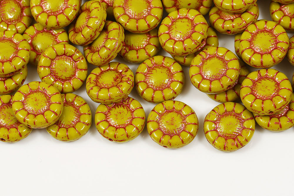 Sunflowers 13mm Opaque Olivine With Copper 1-Hole Czech Beads
