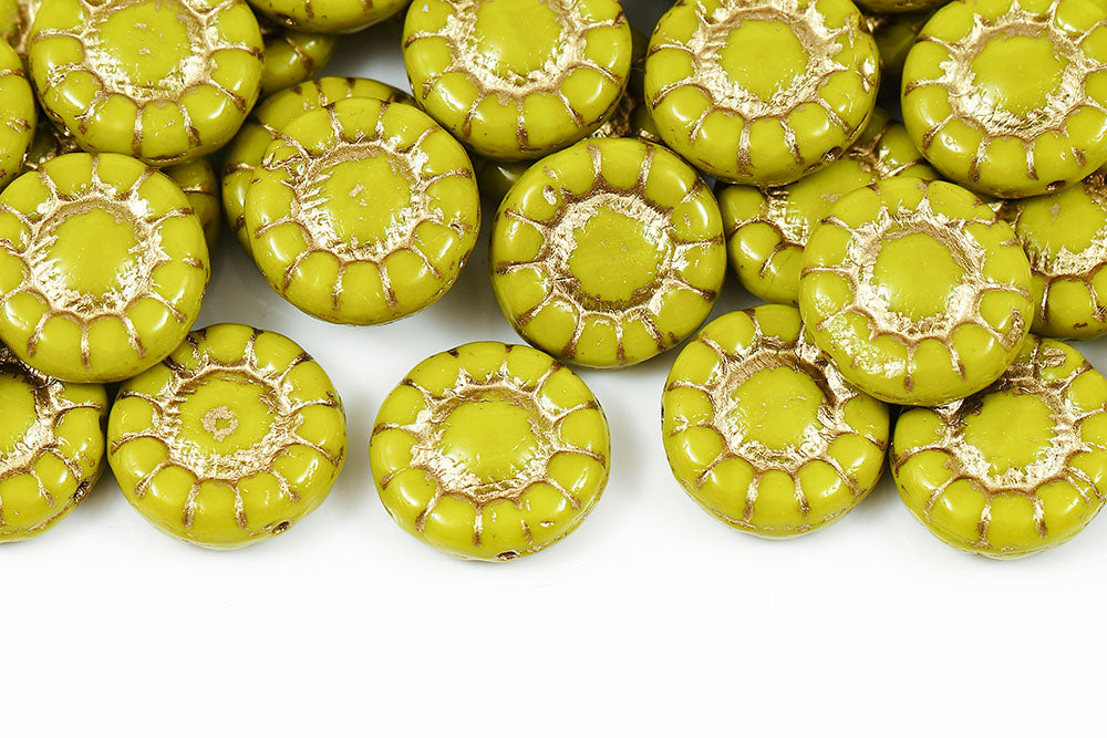 Sunflowers 13mm Opaque Olivine With Gold 1-Hole Czech Beads