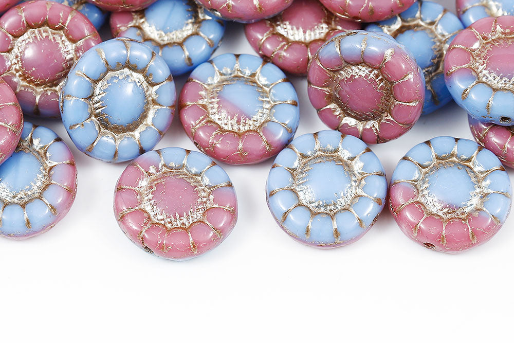 Sunflowers 13mm Pink Blue Mixed With Copper 1-Hole Czech Beads