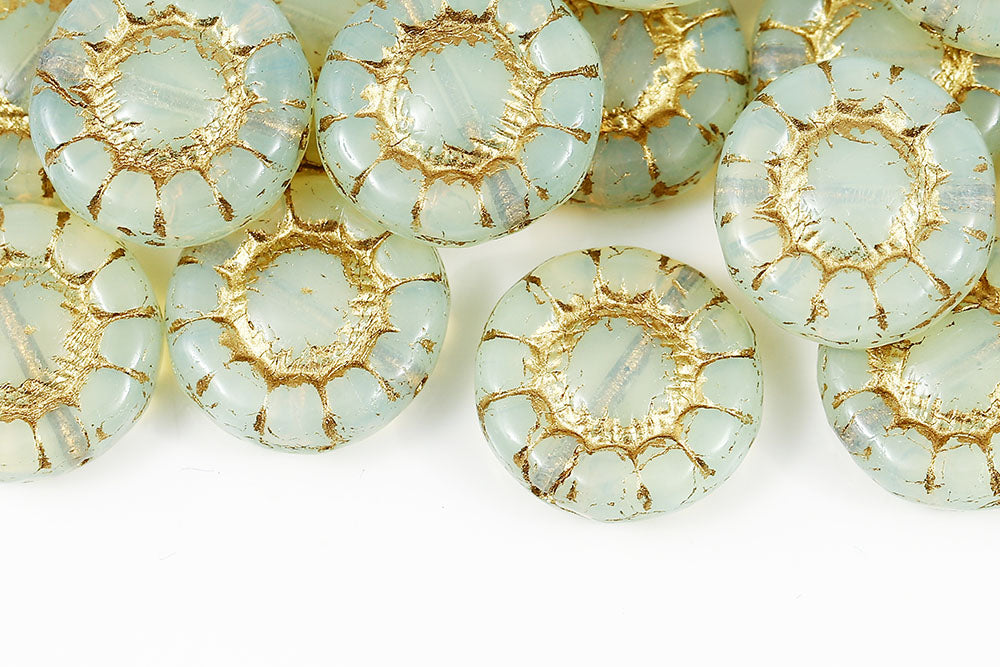 Sunflowers 13mm Opal Lt.Yellow With Gold 1-Hole Czech Beads