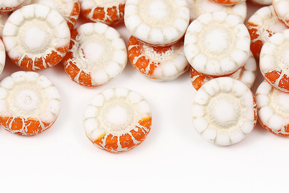 Sunflowers 13mm Chlak Orange Mixed Matt With Yellow 1-Hole Czech Beads