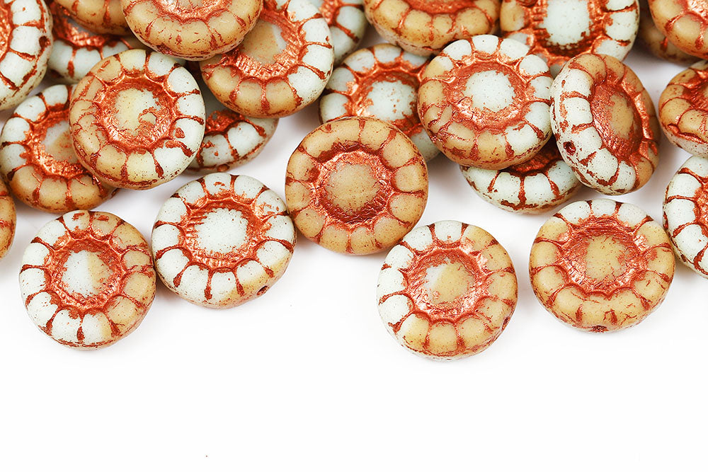 Sunflowers 13mm Chlak Orange Mixed Matt With Copper 1-Hole Czech Beads