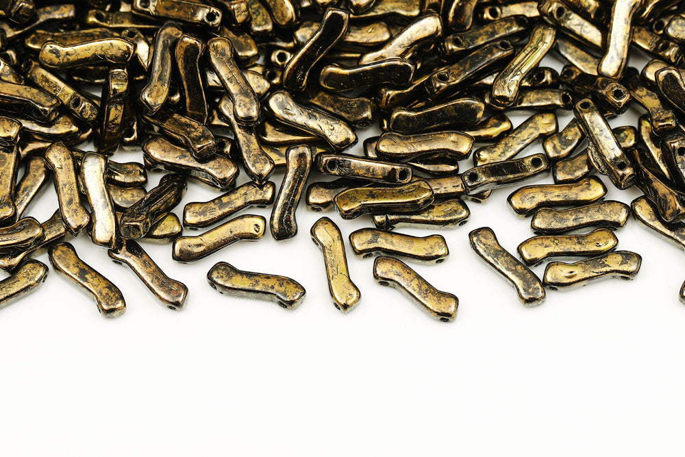 Z Beads 3×10mm Jet With Gold Marble Finish 2-Hole Czech Beads