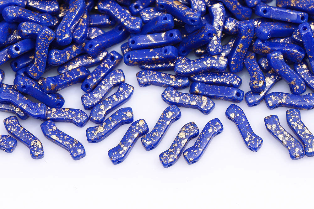 Z Beads 3×10mm Gold Splash Opaque Blue 2-Hole Czech Beads