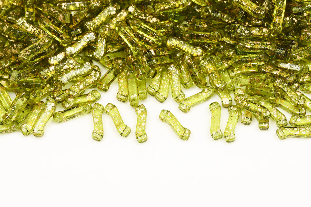 Z Beads 3×10mm Gold Splash Olivine 2-Hole Czech Beads