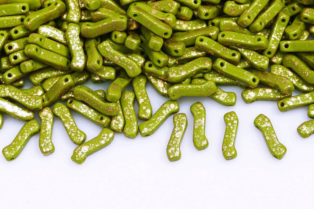 Z Beads 3×10mm Gold Splash Opaque Olivine 2-Hole Czech Beads
