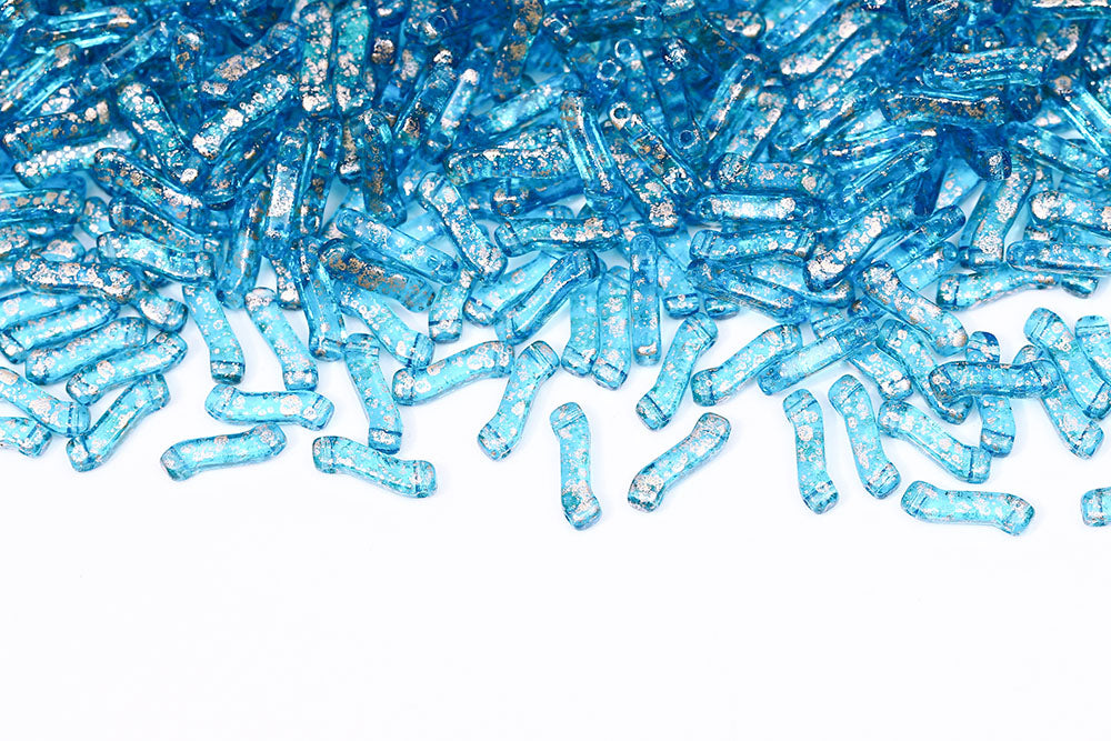 Z Beads 3×10mm Gold Splash Aquamarine 2-Hole Czech Beads