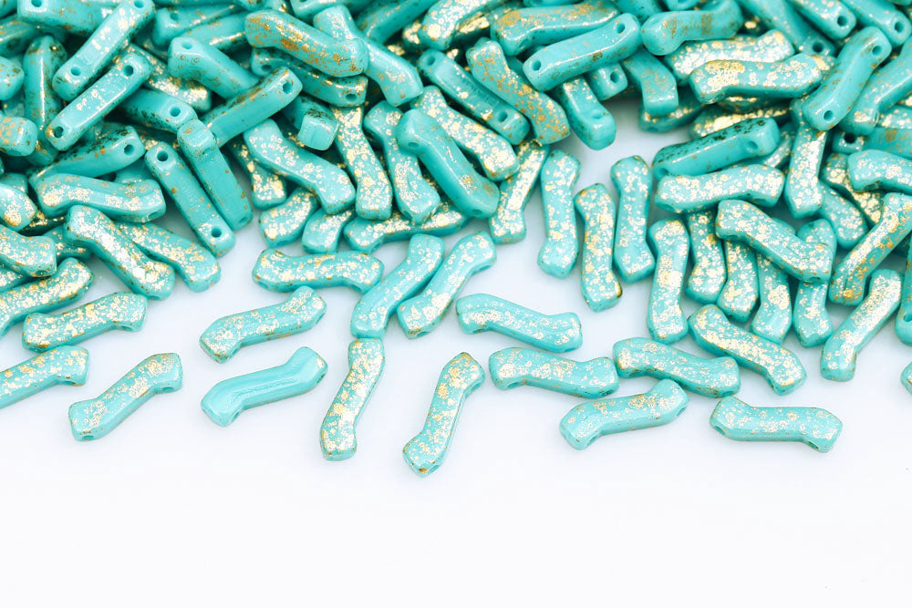 Z Beads 3×10mm Gold Splash Turquoise Blue 2-Hole Czech Beads