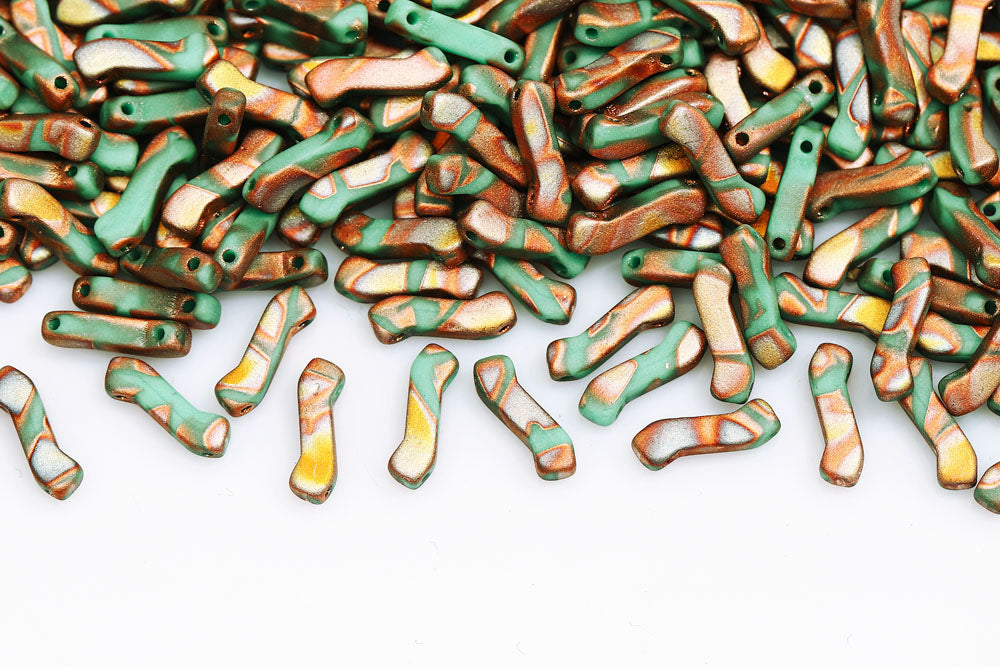 Z Beads 3×10mm Turquoise Green Capri Gold Matt Batik 2-Hole Czech Beads