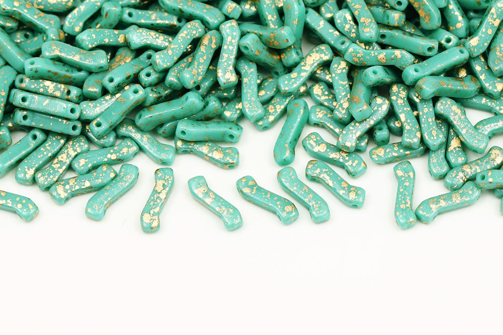 Z Beads 3×10mm Gold Splash Turquoise Green 2-Hole Czech Beads