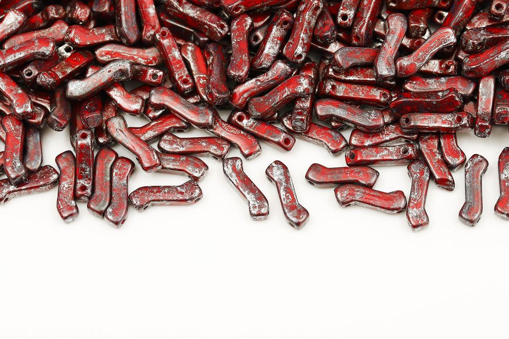 Z Beads 3×10mm Opaque Coral Red Picasso 2-Hole Czech Beads