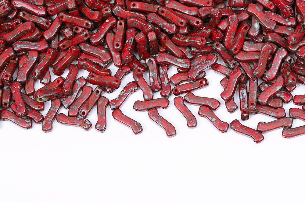 Z Beads 3×10mm Opaque Coral Red Travertin 2-Hole Czech Beads