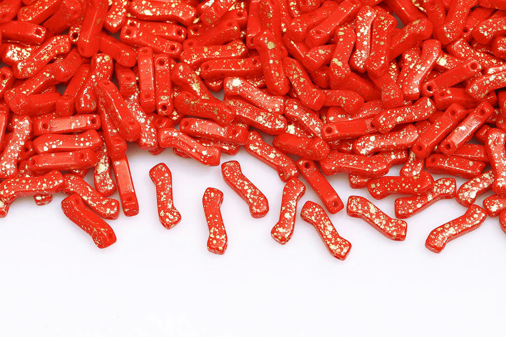 Z Beads 3×10mm Gold Splash Opaque Coral Red 2-Hole Czech Beads